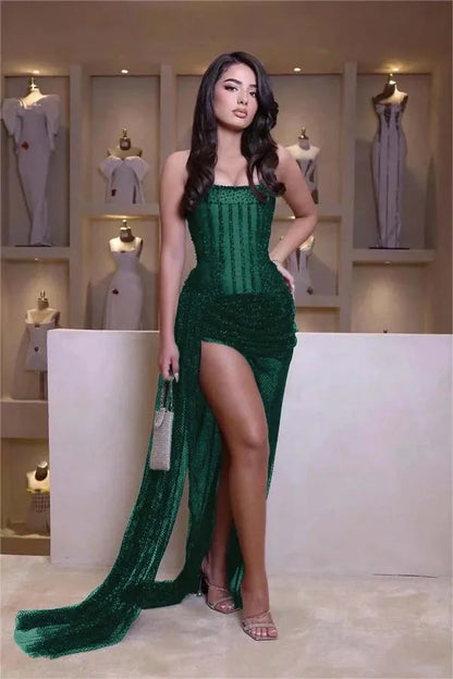 Stunning Black Tulle Strapless Sleeveless Mermaid Long Split Prom Dress with Beadings