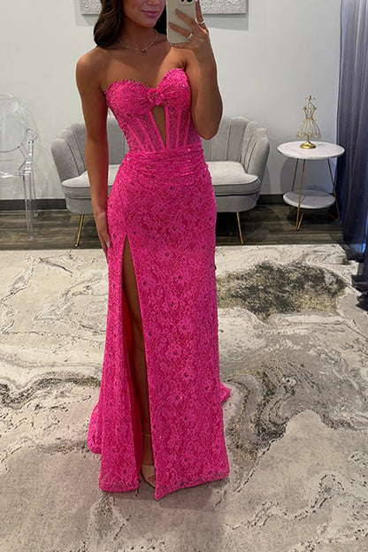 Mermaid Sweetheart Keyhole Hot Pink Lace Long Prom Dress
