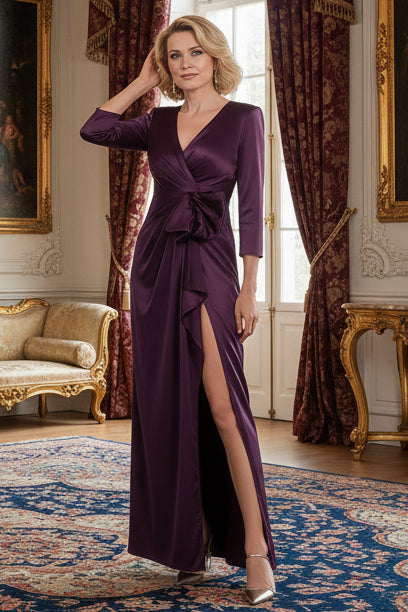 V-neck 3/4 Sleeves Sheath Slit Long Dress With Bow Plum