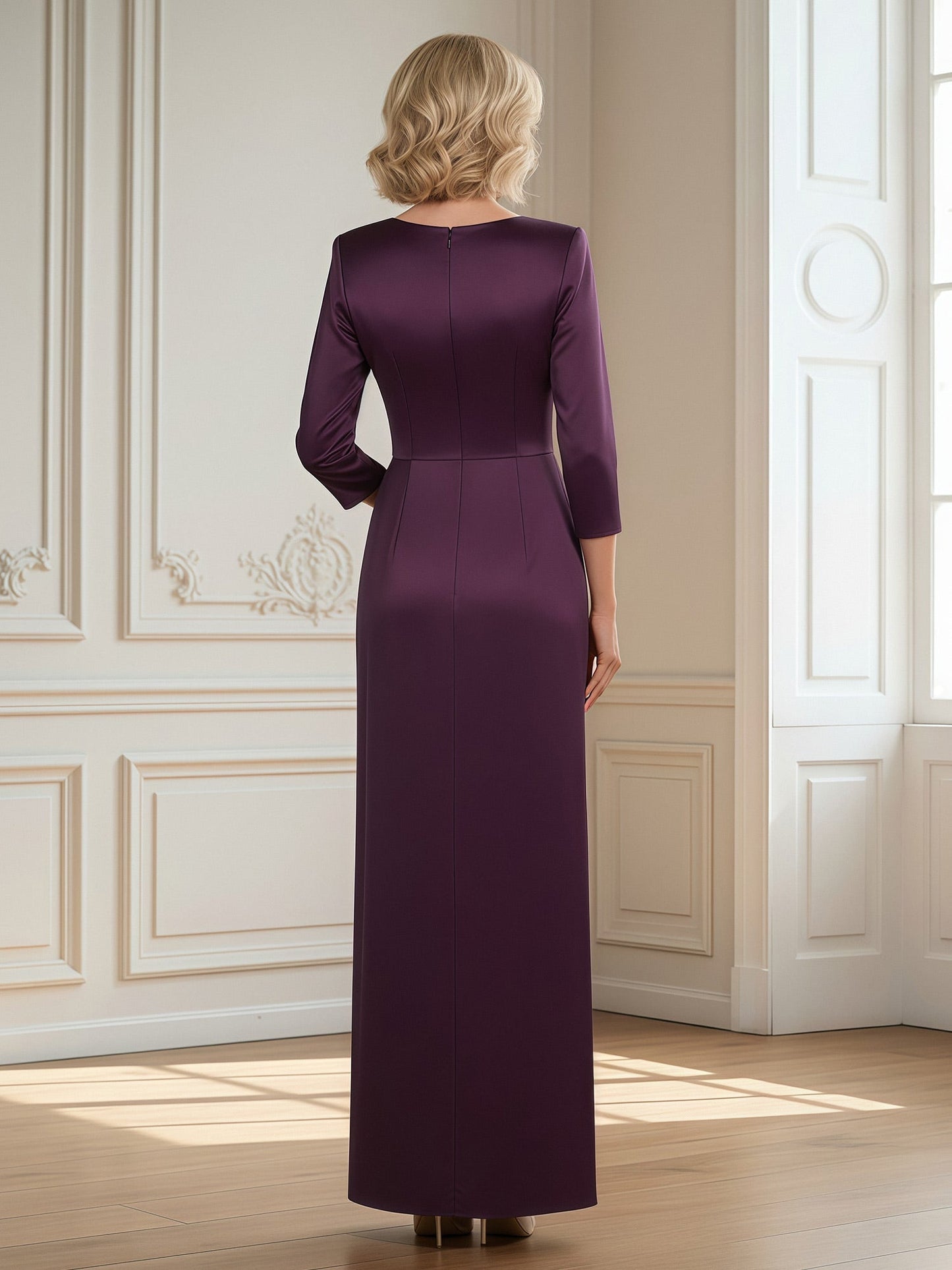 V-neck 3/4 Sleeves Sheath Slit Long Dress With Bow Plum