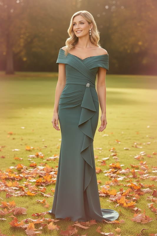 Elegant Off-The-Shoulder Ruched Trumpet Evening Dress with Cascading Ruffles