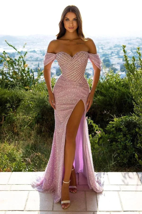 Mermaid Off-the-Shoulder Sequins Prom Dress Slit