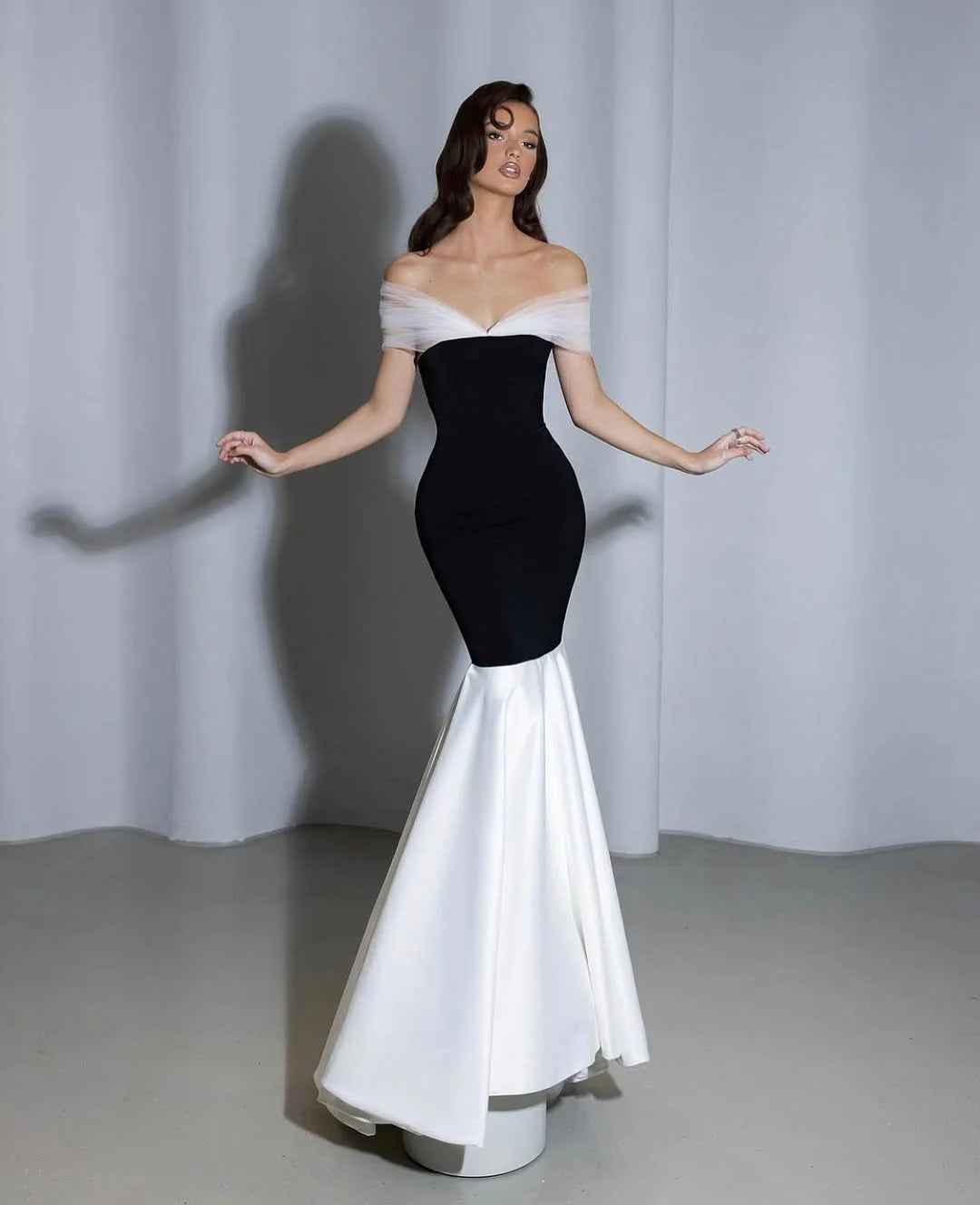 Black White Mermaid Off-The-Shoulder Prom Dress