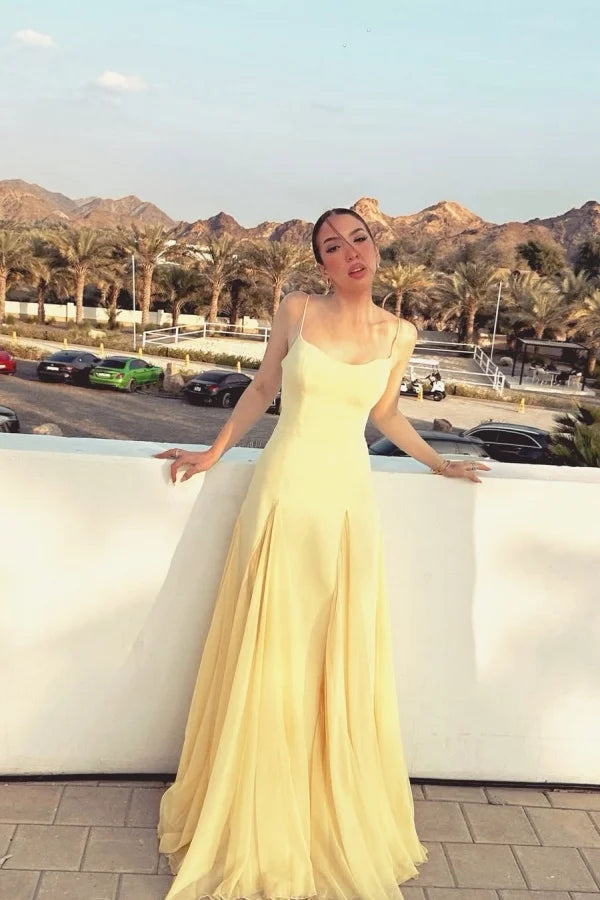 Light Yellow Spaghetti Straps Chiffon Stitching Semi-formal Summer Prom Dress