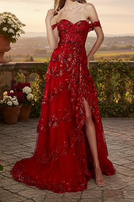 Off-Shoulder Sequins Appliques Tiered A-Line Prom Dress