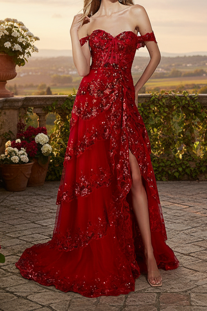 Off-Shoulder Sequins Appliques Tiered A-Line Prom Dress