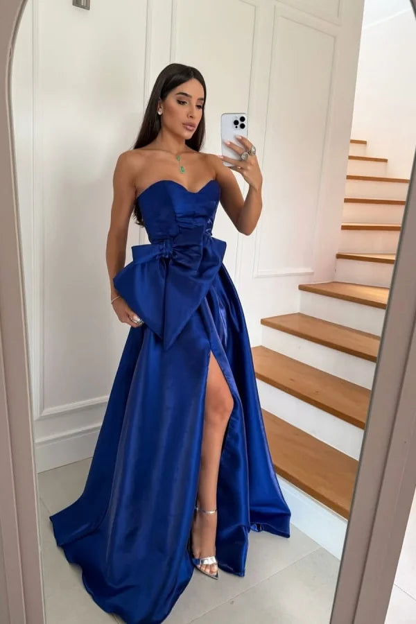 Formal Dark Blue Strapless Split Bow Prom Dress ZT0763