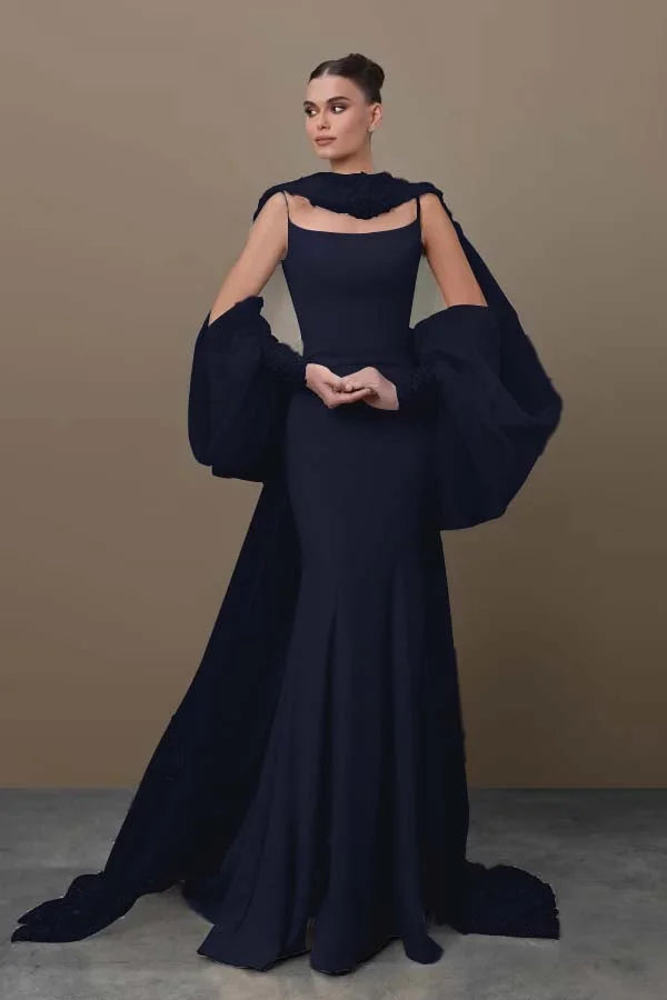 Chic Sky Blue Spaghetti-Straps Mermaid Prom Dress With Tulle Appliques Train