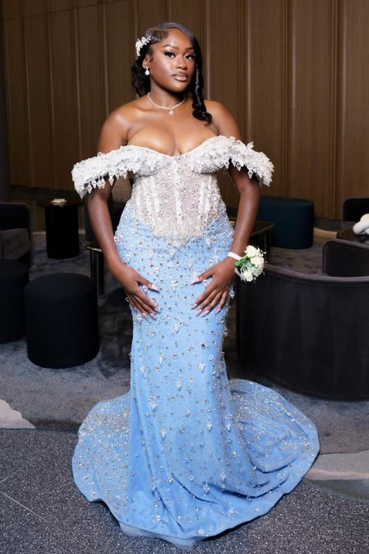 Classic Sky Blue White Off-The-Shoulder Mermaid Prom Dress