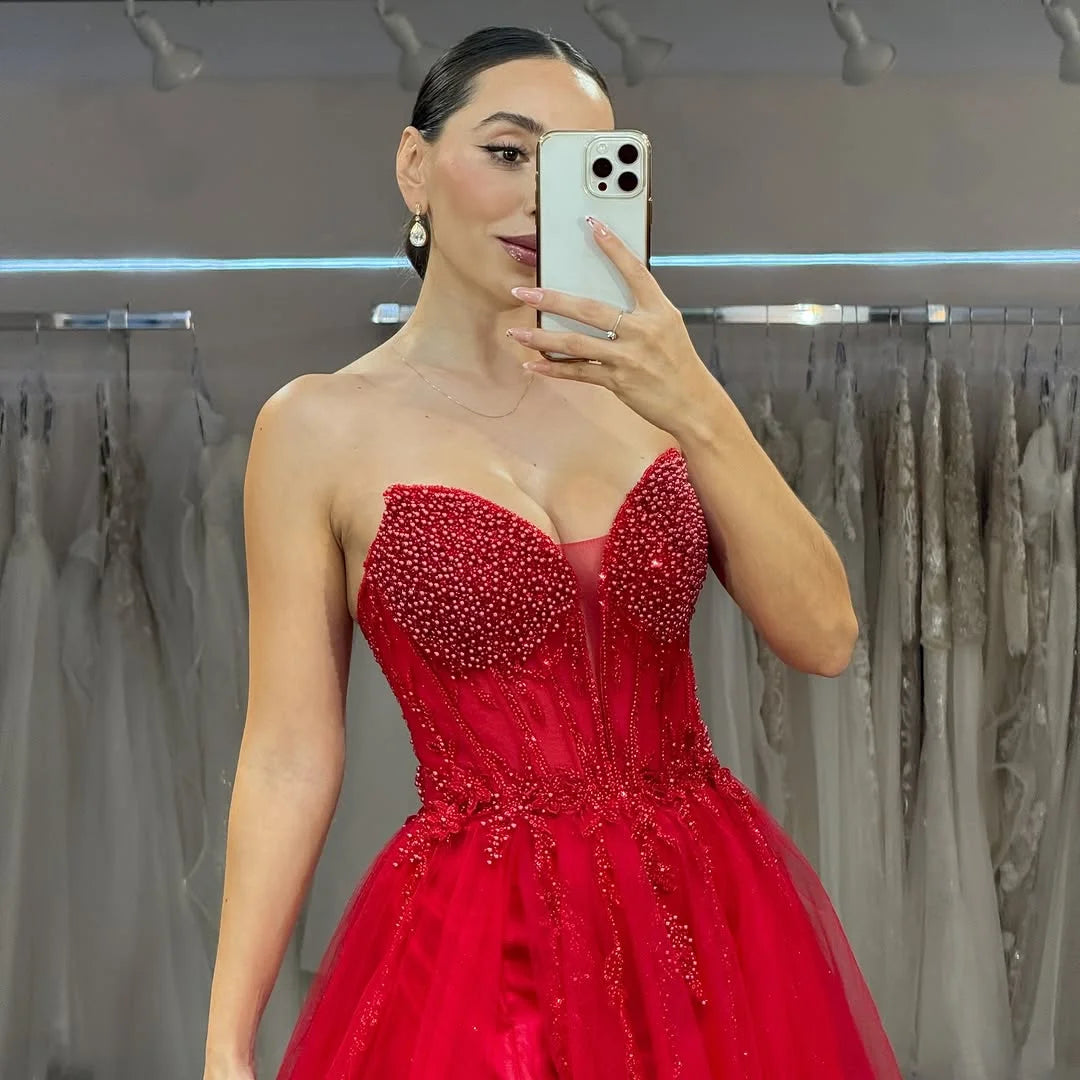 Red Tulle Strapless Split Beaded Prom Dress