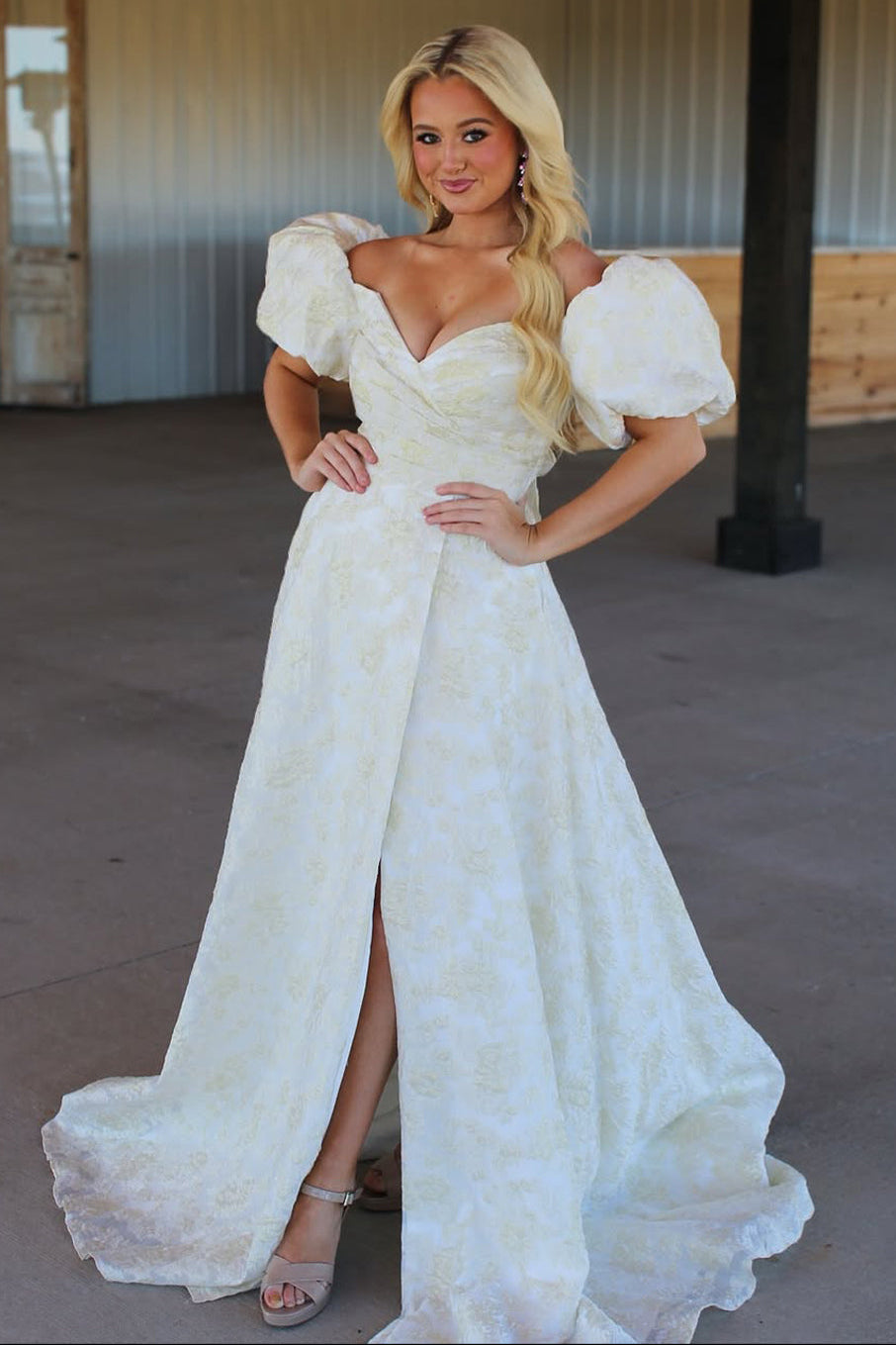A-Line Off the Shoulder Yellow Floral Lace Appliques Long Prom Dress