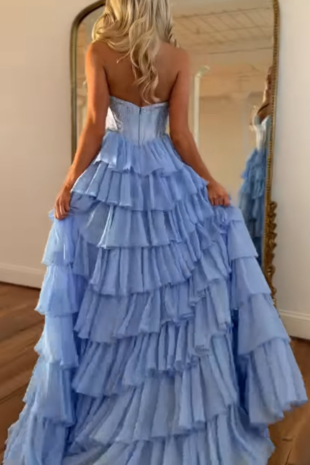Charming A-Line Strapless Ruffle Tiered Chiffon Long Prom Dress