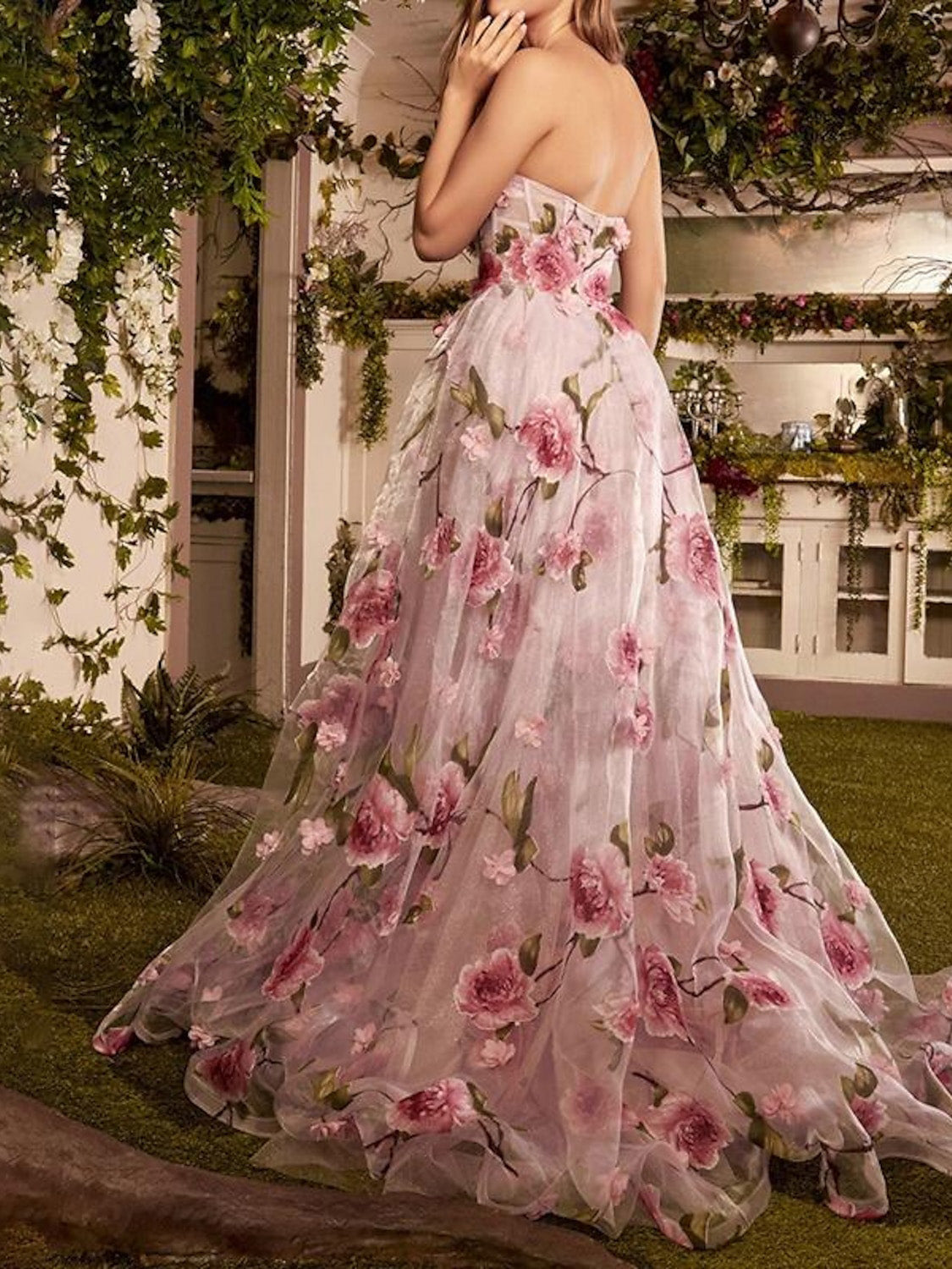 Princess Strapless Long Prom Floral Dresses With Split Side
