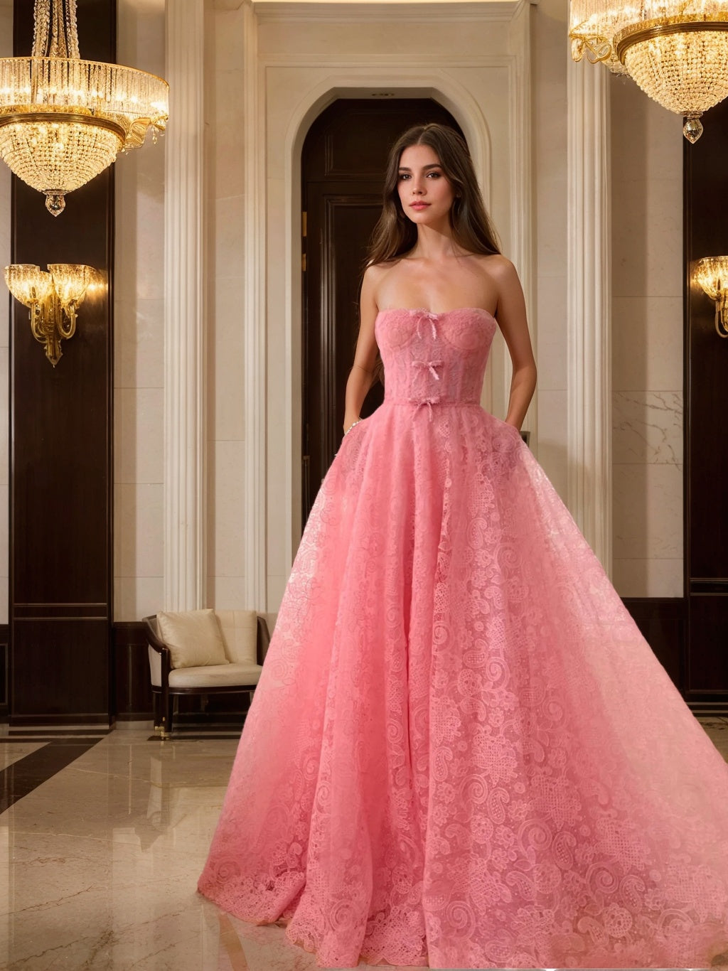Princess Sweetheart Strapless Floor-Length Prom Dress with Bows