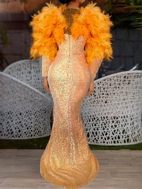 Trumpet Feather Evening Dress Floor Length Long Sleeve V Neck Formal Dress