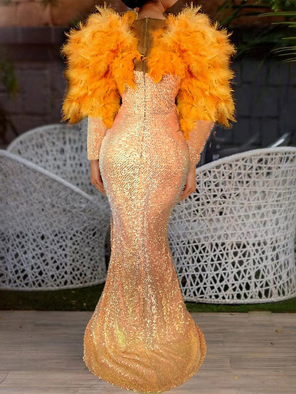 Trumpet Feather Evening Dress Floor Length Long Sleeve V Neck Formal Dress