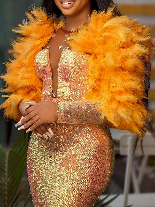 Trumpet Feather Evening Dress Floor Length Long Sleeve V Neck Formal Dress