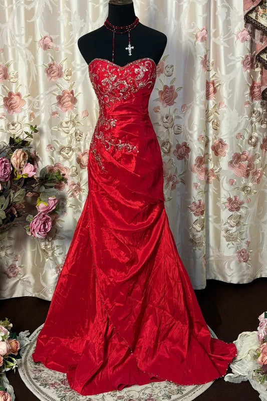 Sheath Sweetheart Sleeveless Floor-Length Taffeta Prom Dresses with Appliques