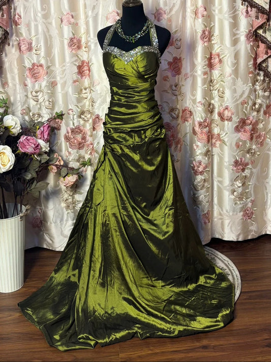 A-Line Halter Neck Sleeveless Floor-Length Taffeta Prom Dresses with Ruffles & Sequins