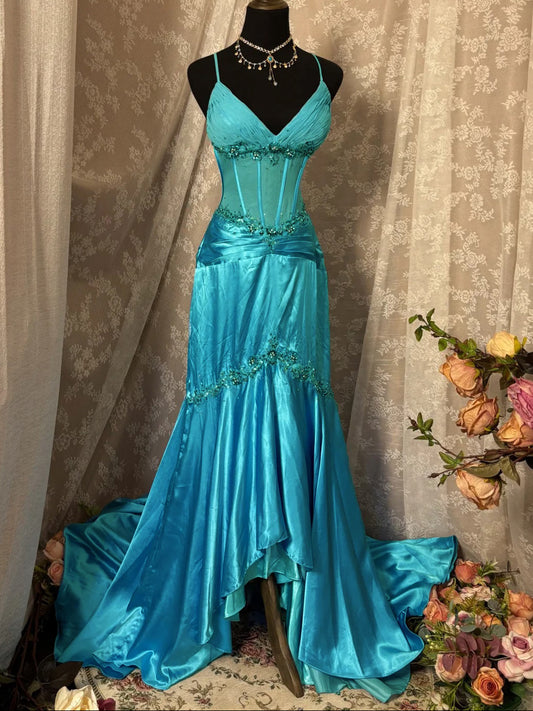 Princess V-Neck Spaghetti Straps Sleeveless Asymmetrical Taffeta Prom Dress