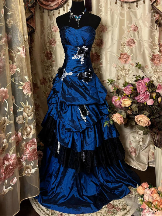 A-Line Sweetheart Sleeveless Floor-Length Taffeta Lace Floral Prom Dress