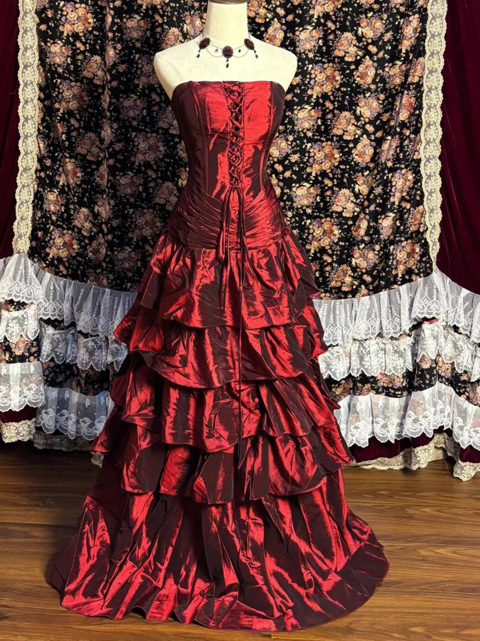 A-Line Strapless Sleeveless Floor-Length Taffeta Prom Dresses with Ruffles