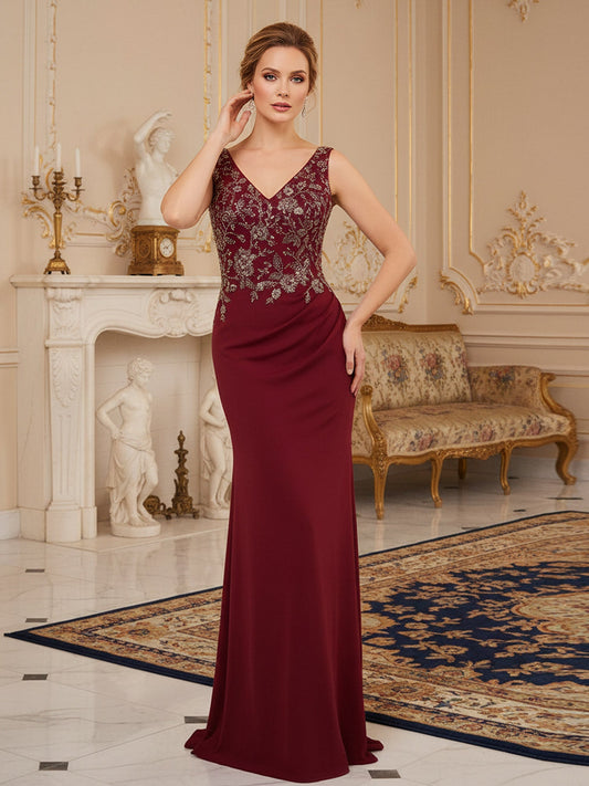Sleeveless Column Gown with V-Neck and Ornate Beaded Bodice
