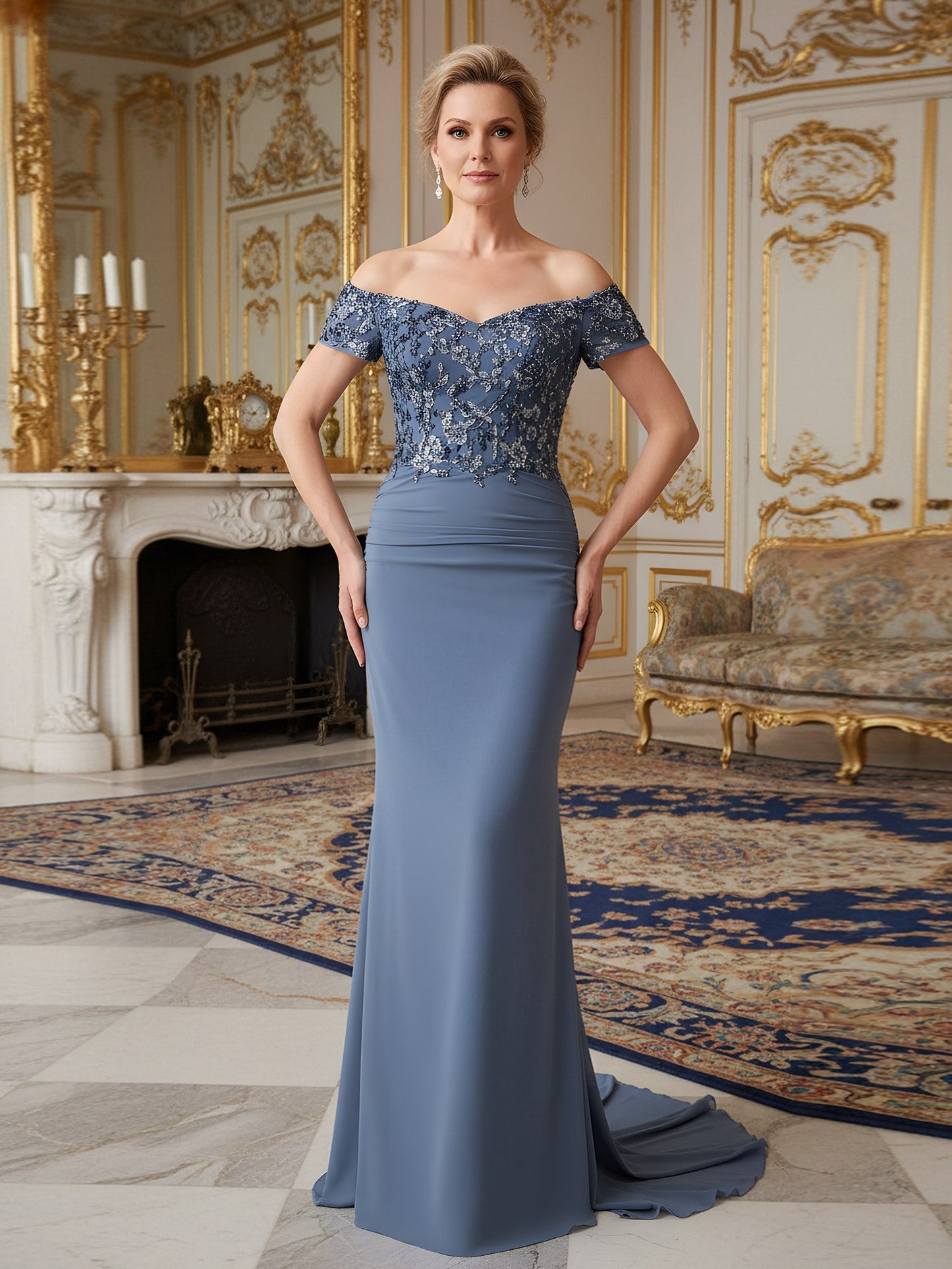 Off-Shoulder Mermaid Gown with Embroidered