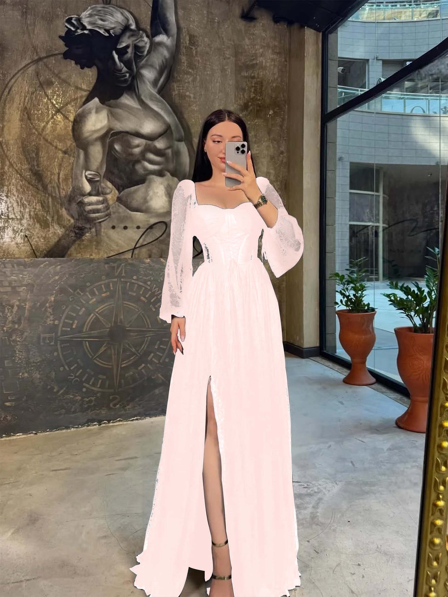 Lantern Long Sleeves Long A-Line Pleated Prom Dress With Split And Corset