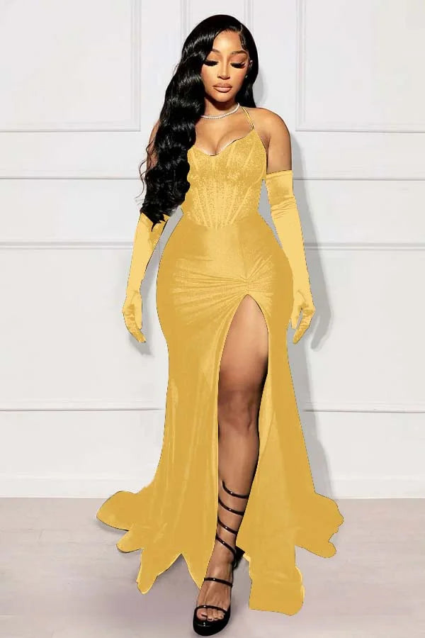 Black Mermaid Split Prom Dress With Long Gloves