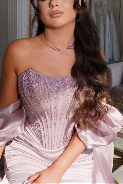 Strapless Mermaid Long Evening Dress With Pearls Pleats Ruffles