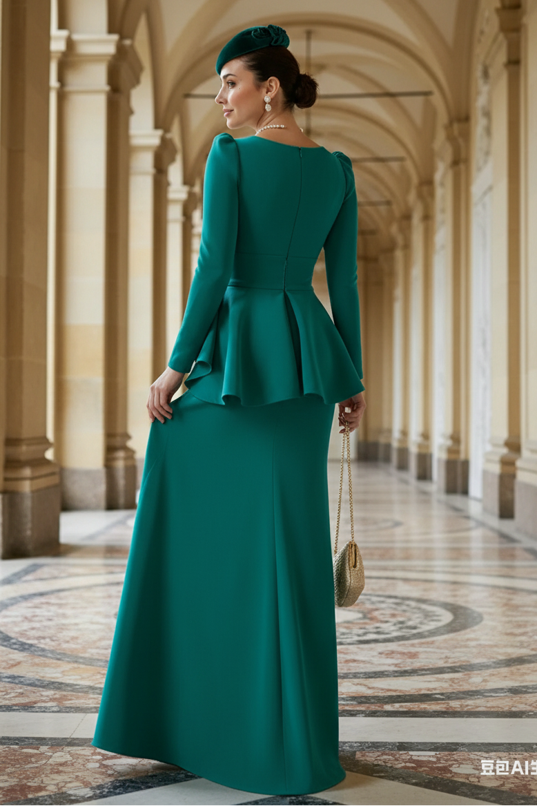 Elegant Emerald Green Long Sleeve Deep V-Neck Peplum Evening Gown