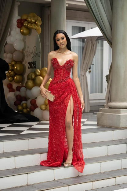 Luxurious Red Sweetheart Prom Dress Pleated Sequins with Split