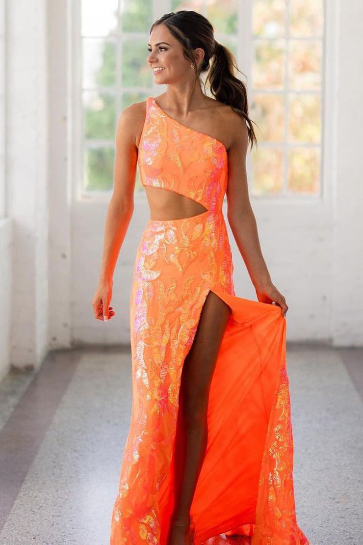 Sparkly Mermaid One Shoulder Orange Sequins Long Prom Dresses