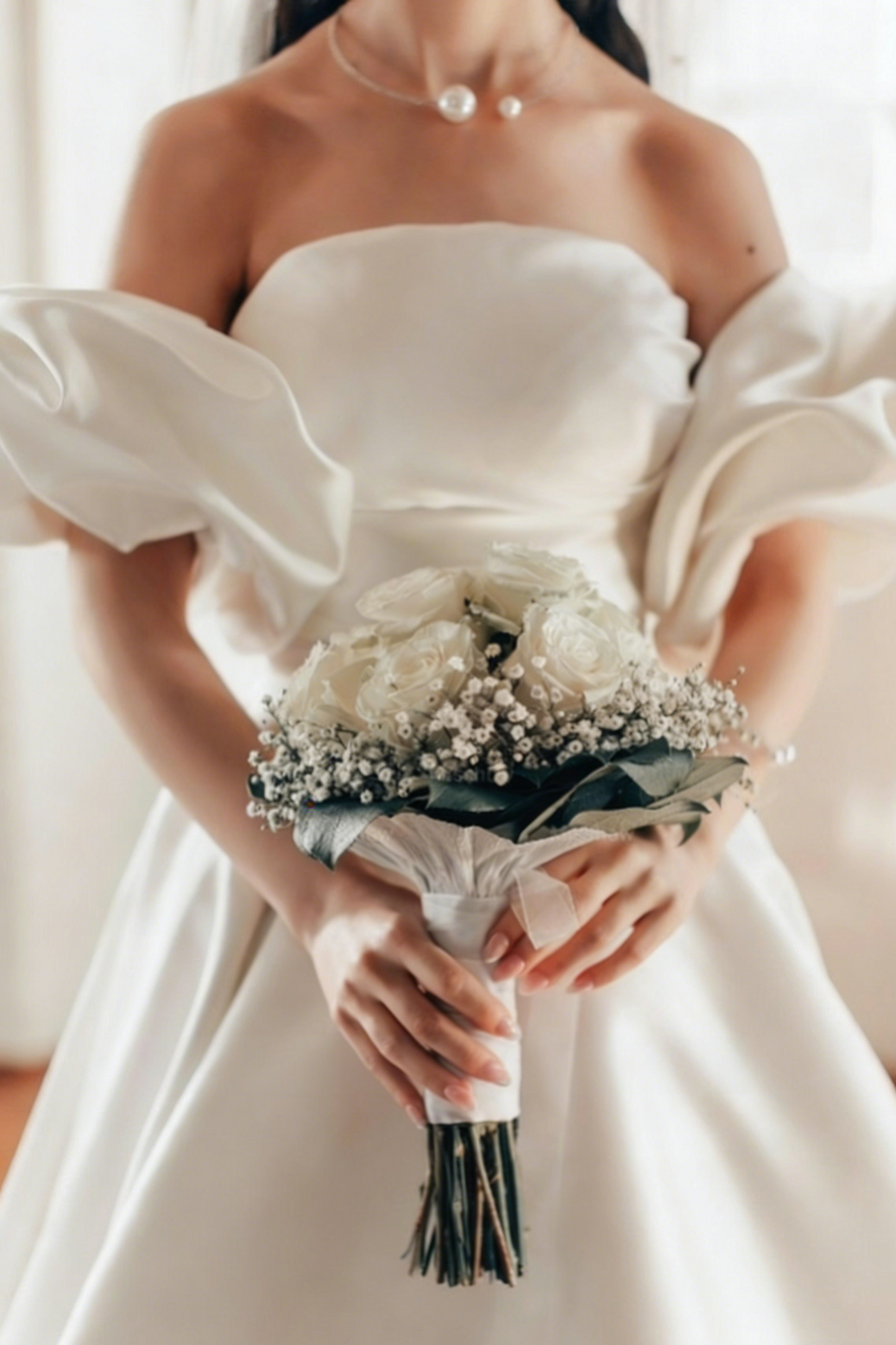 Romantic White A-Line Strapless Sleeveless Sweep Train Simple Satin Wedding Dresses