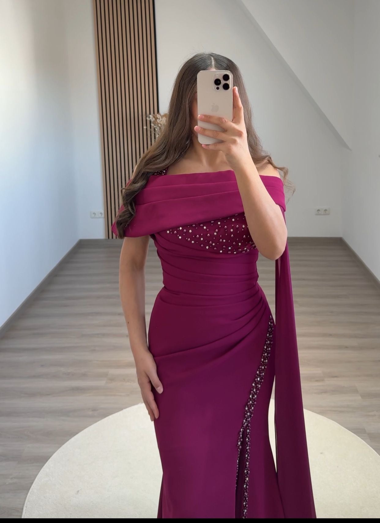 High Neck Long Sleeves Empire-Waist Ruched Feathers Formal Evening Dress