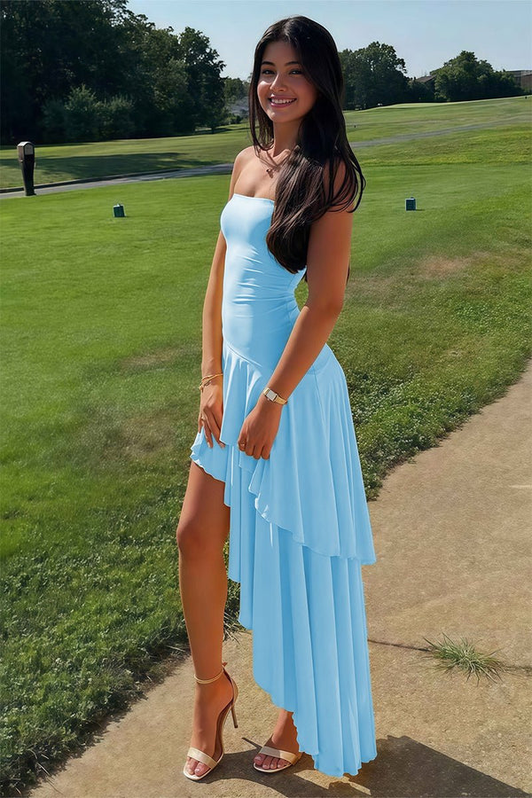 Unique Strapless Light Blue Elastic Satin Irregular Hem Long Prom Dress