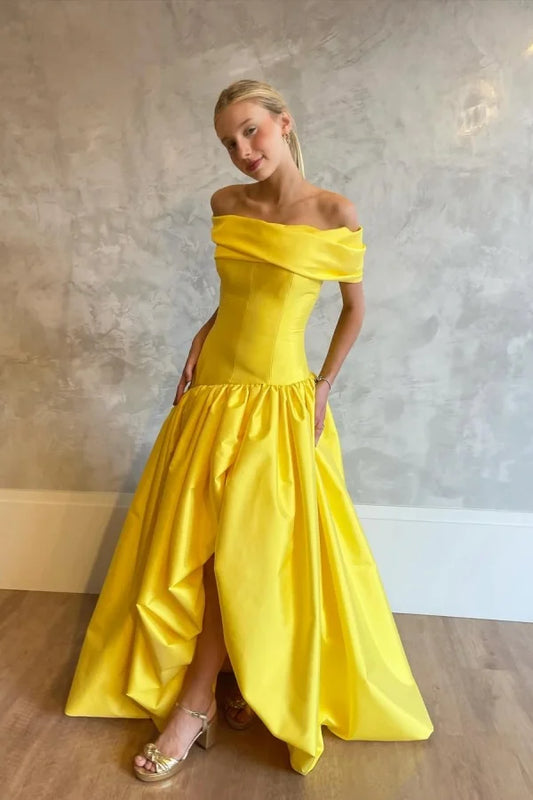 Yellow Lovely Vibrant Off-The-Shoulder Split Prom Dress