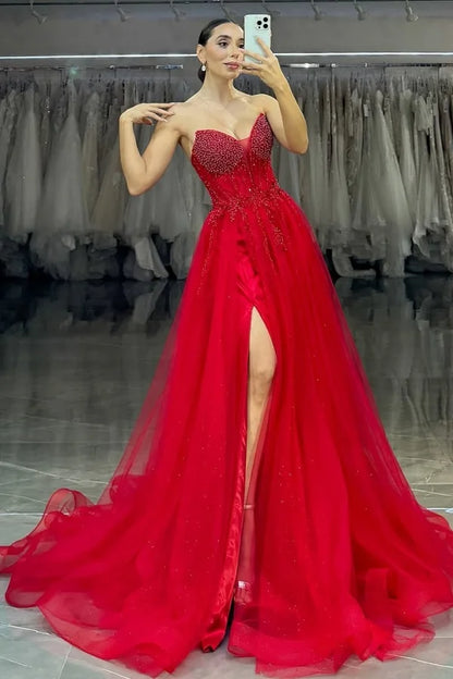 Red Tulle Strapless Split Beaded Prom Dress