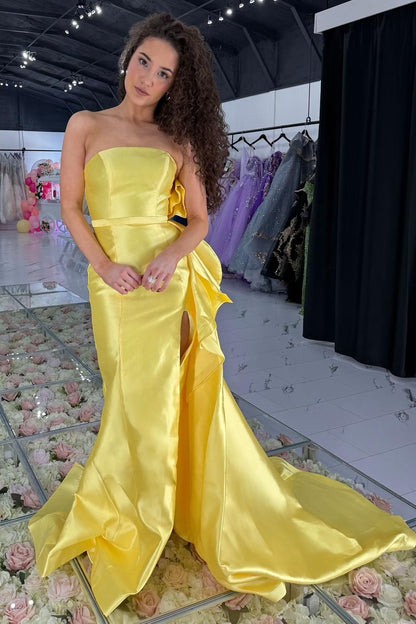 Strapless Satin Mermaid Slit Prom Dress with Bow Back