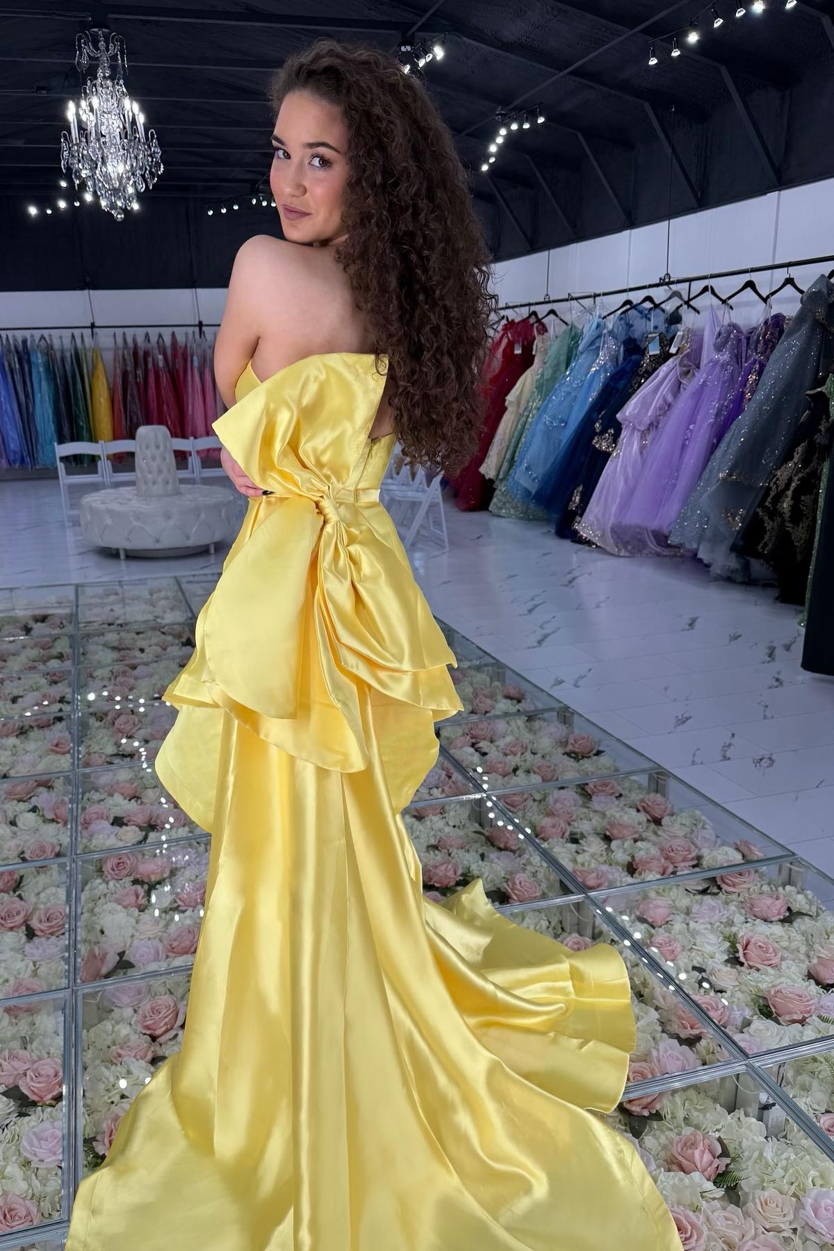 Strapless Satin Mermaid Slit Prom Dress with Bow Back