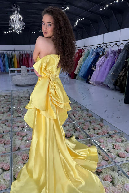 Strapless Satin Mermaid Slit Prom Dress with Bow Back