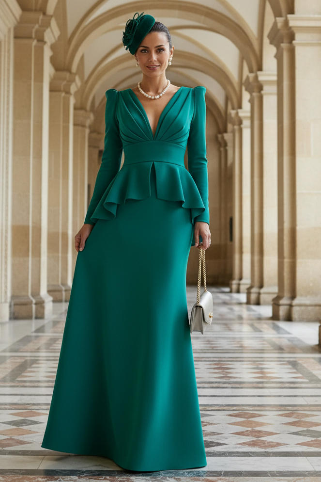 Elegant Emerald Green Long Sleeve Deep V-Neck Peplum Evening Gown