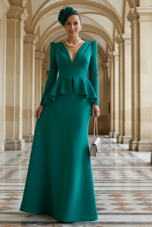 Elegant Emerald Green Long Sleeve Deep V-Neck Peplum Evening Gown