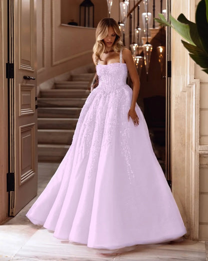 Spaghetti Strap Sleeveless Long A Line Prom Dress With Beading