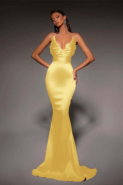 Strapless V Neck Sleeveless Long Mermaid Prom Dress With Pleated