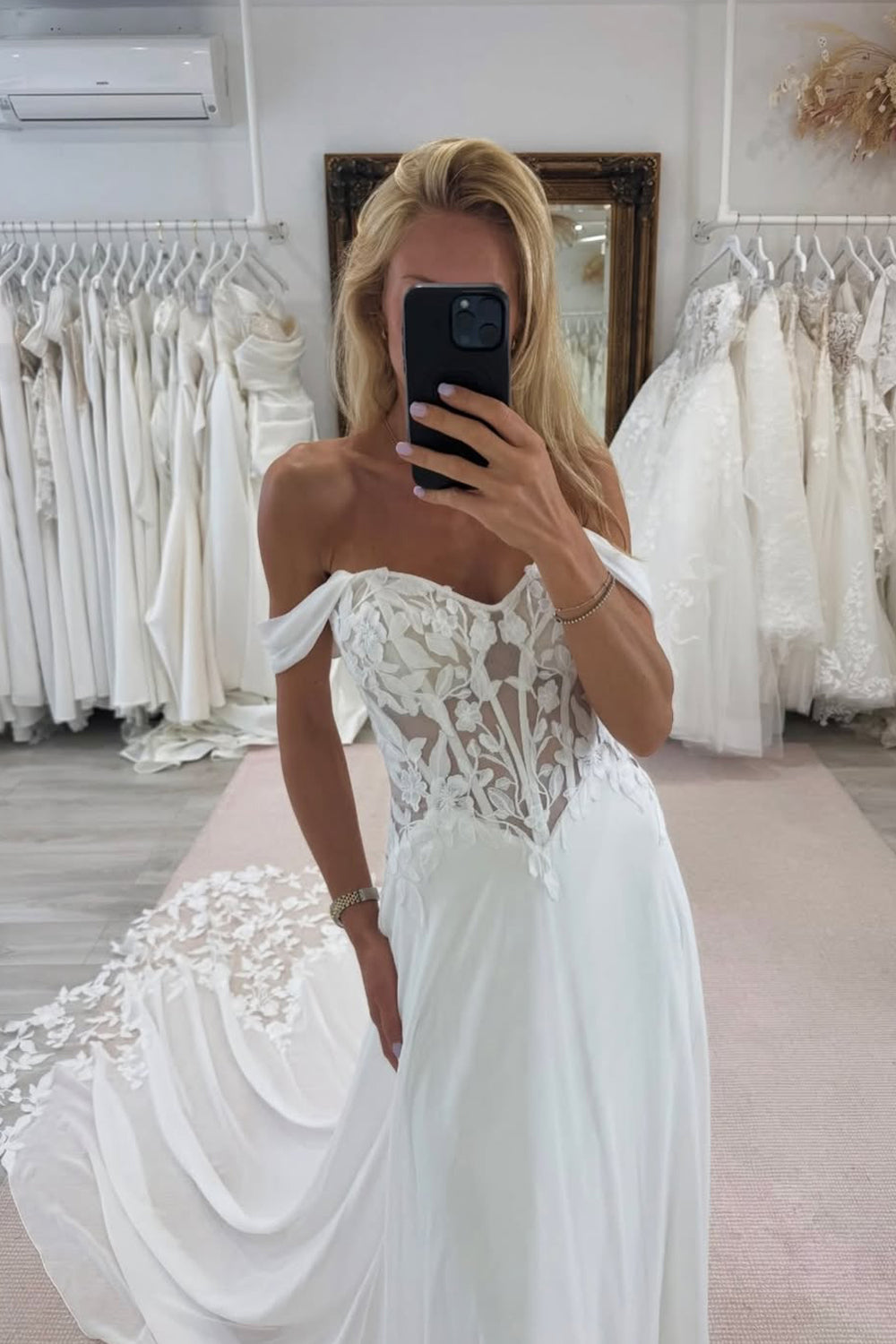 A Line Off the Shoulder Chiffon Beach Wedding Dress