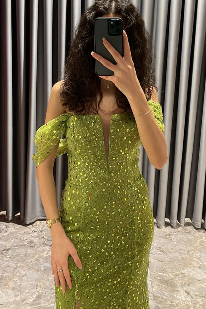 Beautiful Green Evening Dress Off-The-Shoulder Sequins With Split