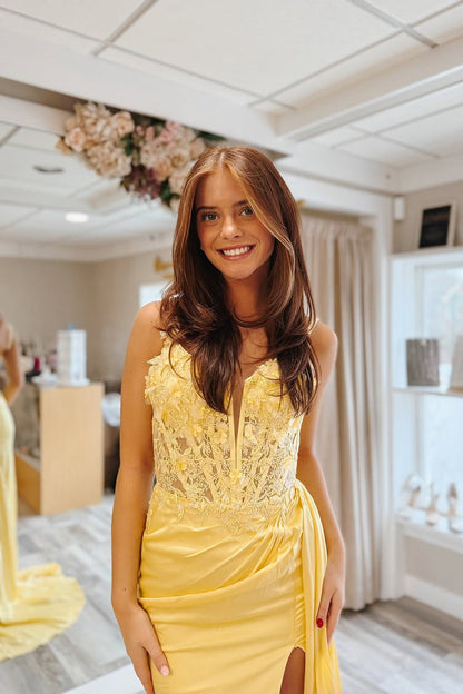 Cute Sheath Sweetheart Yellow Satin Prom Dress with Slit