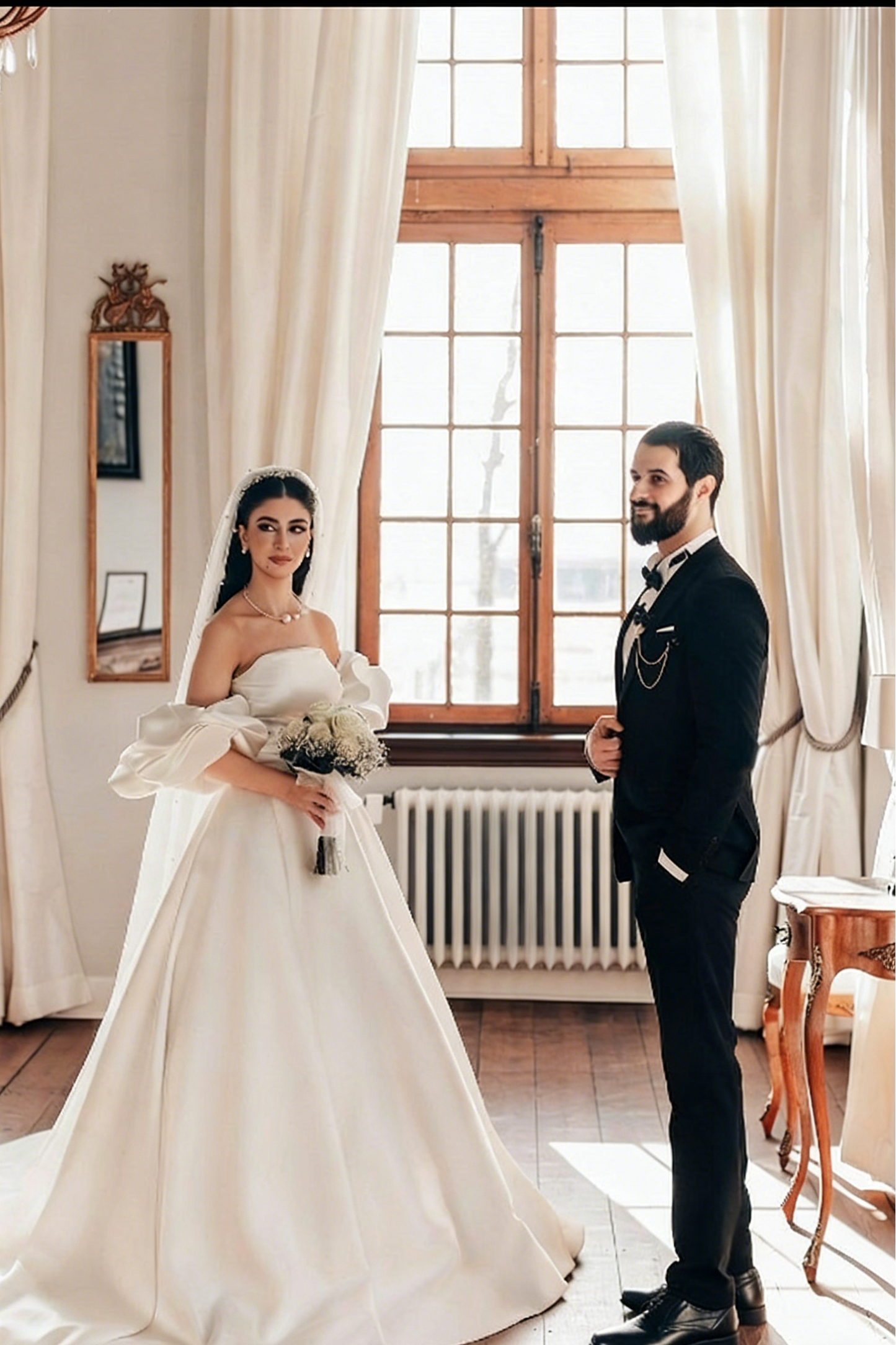 Romantic White A-Line Strapless Sleeveless Sweep Train Simple Satin Wedding Dresses